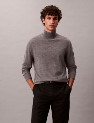 Merino Wool Mock Neck Sweater, Medium Grey Heather