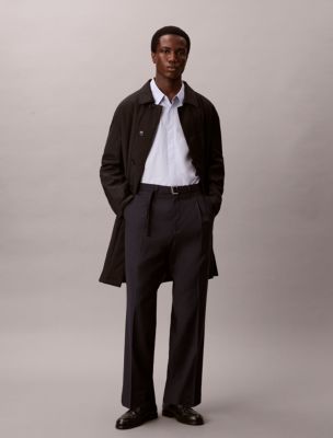 Straight Wool Blend Pinstripe Belted Trousers, Dark Sapphire