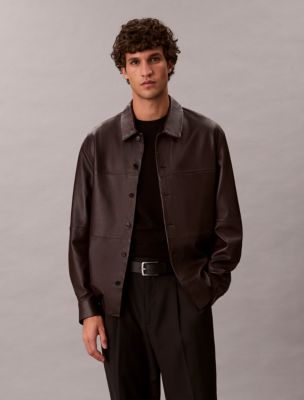 Leather Relaxed Shirt Jacket, Mocha Brown