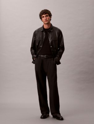 Wool Blend Twill Wide Leg Trouser, Black