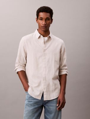 Linen Cotton Stripe Classic Button-Down Shirt, Silver Lining