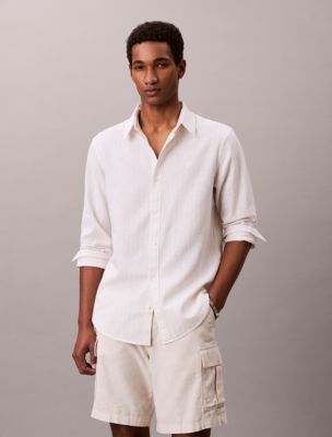 Linen Cotton Stripe Classic Button-Down Shirt, Brilliant White