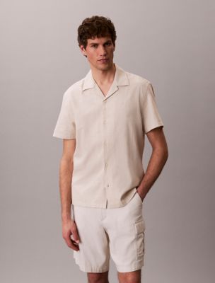 Linen Cotton Short Sleeve Button-Down Shirt, Oatmeal