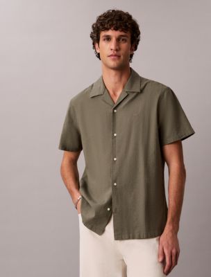 Linen Cotton Short Sleeve Button-Down Shirt, Dusty Olive