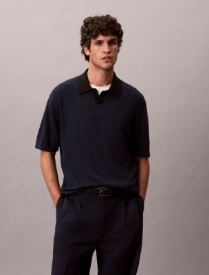 Linen Blend Polo Sweater, Dark Sapphire/ Black