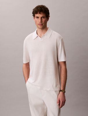 Linen Blend Polo Sweater, White Sand