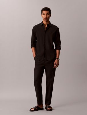 Linen Blend Pleated Pull-On Pants, Black