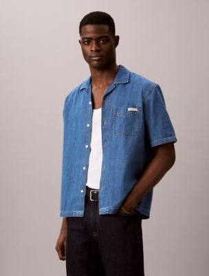 Linen Blend Denim Button-Down Shirt, Linen Blue