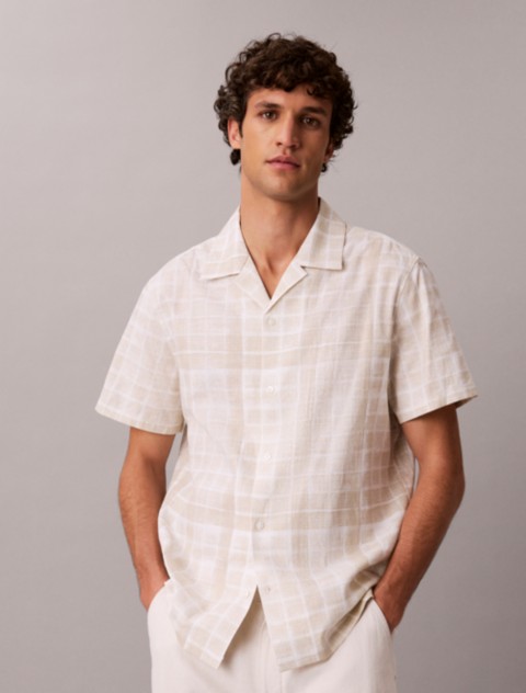 Мужские рубашки Calvin Klein Linen Blend Plaid Relaxed Button-Down Shirt