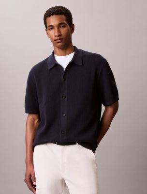 Mesh Stitch Button-Down Sweater, Dark Sapphire