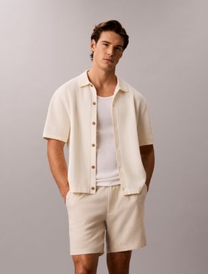 Mesh Stitch Button-Down Sweater, Antique White