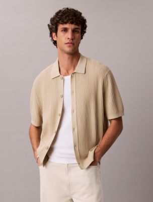 Cotton Sweater Button-Down Shirt, White Pepper