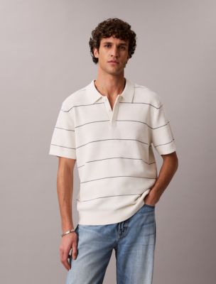 Cotton Stripe Sweater Polo Shirt, Tofu