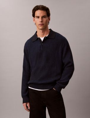 Cotton Relaxed Polo Sweater, Black
