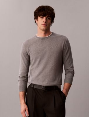 Supima Cotton Double Collar Crewneck Sweater, Med Grey Htr