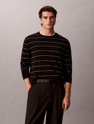 Merino Stripe Crewneck Sweater, Black