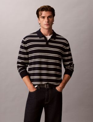 Merino Stripe Polo Sweater, Dark Sapphire