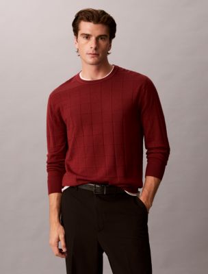 Merino Grid Crewneck Sweater, Syrah