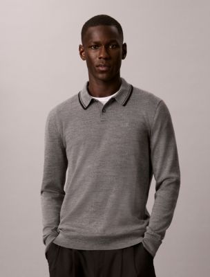 Extra Fine Merino Tipping Polo Sweater, Grey Heather