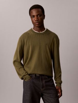 Textured Merino Wool Blend Sweater, Olive Night