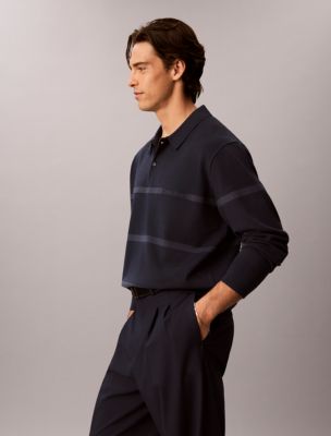 Мужской свитер Calvin Klein Tech Knit Striped Polo Sweater, цвет: Тёмный сапфировый — фото 6
