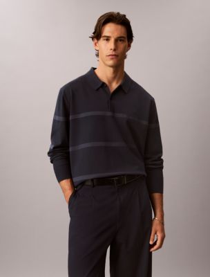 Tech Knit Striped Polo Sweater, Dark Sapphire