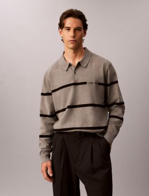 Tech Knit Striped Polo Sweater, Grey Heather