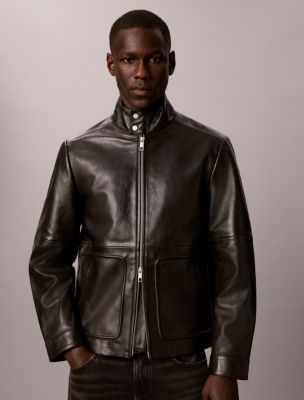 Lamb Leather Zip Jacket, Black