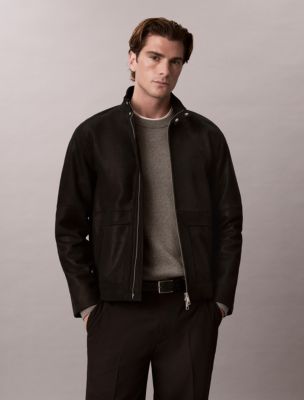 Suede Leather Zip Jacket, Black