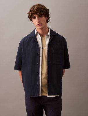 Seersucker Stripe Relaxed Shirt, Dark Sapphire