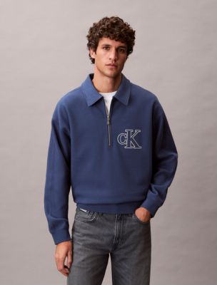Varsity Monogram Logo Quarter Zip Sweatshirt, Dark Denim