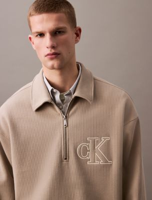 Varsity Monogram Logo Quarter Zip Sweatshirt, Vintage Khaki