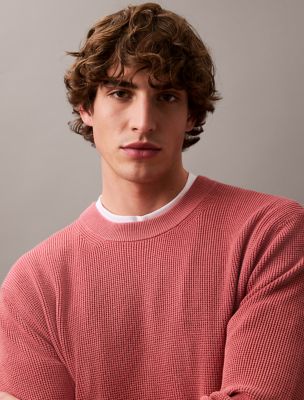 Smooth Cotton Waffle Henley Sweater, Light Mahogany