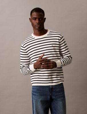 Smooth Cotton Striped Classic Sweater, Dark Sapphire / Tofu