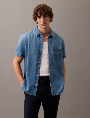 Tencel Cotton Denim Classic Button-Down Shirt, Blue Retrograde