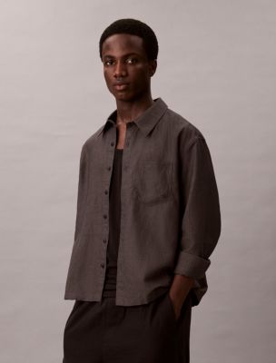 Linen Cotton Cropped Relaxed Button-Down Shirt , Black