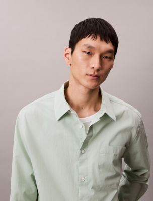 Cotton Poplin Relaxed Button-Down Shirt , Silt Green