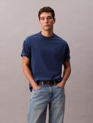 T-shirt décontracté à monogramme brodé, bleu jean