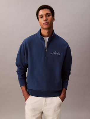 Embroidered Logo French Terry Quarter Zip Sweatshirt, Blue Jean