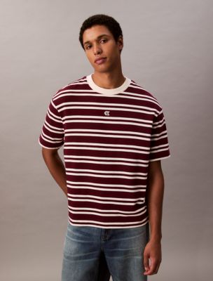 Cotton Stripe Relaxed T-Shirt , Deep Rouge