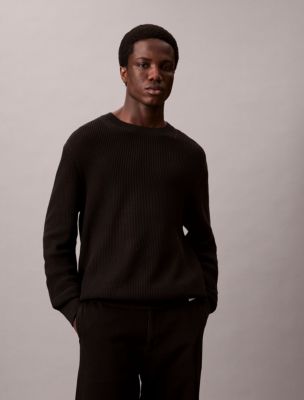 Cotton Mesh Relaxed Sweater, Black