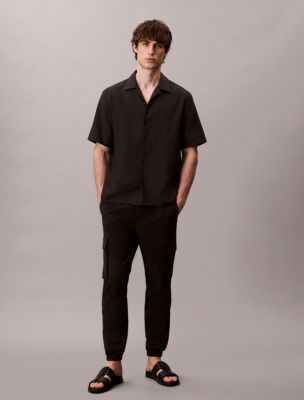 Cotton Blend Skinny Cargo Ripstop Pants, Black
