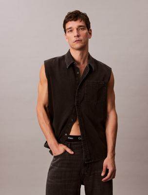 Denim Sleeveless Button-Down Shirt , Charcoal Hicks