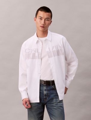 Poplin Logo Graphic Relaxed Button-Down Shirt, Brilliant White