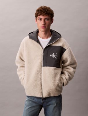 Sherpa Monogram Logo Relaxed Zip Hoodie, Chalk