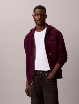 Fleece Monogram Zip Relaxed Hoodie, Passion Plum 