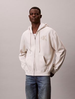 Fleece Monogram Zip Relaxed Hoodie, Chalk