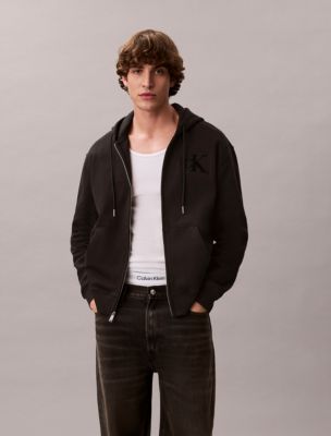 Fleece Monogram Zip Relaxed Hoodie, Black