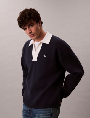 Cotton Relaxed Johnny Collar Sweater, Dark Sapphire