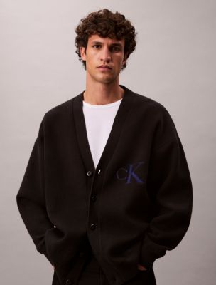 Cotton Blend Monogram Relaxed Cardigan, Black